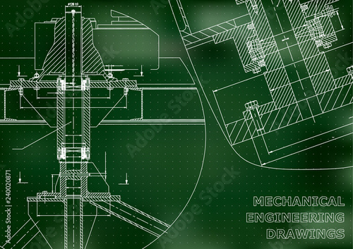 Mechanical engineering. Technical illustration. Backgrounds of engineering subjects. Technical design. Instrument making. Cover, banner, flyer, Green background. Points. Corporate Identity