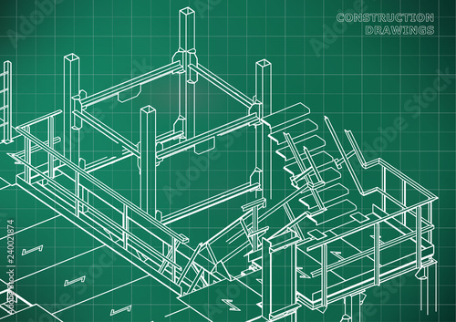 Building. Metal constructions. Volumetric constructions. Light green background. Grid