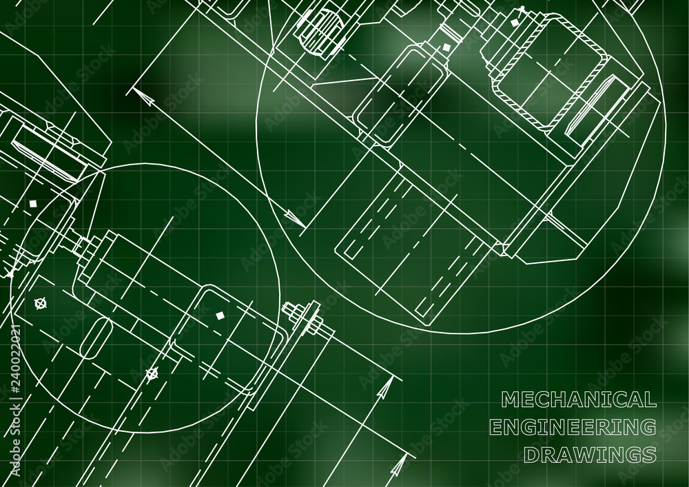 Mechanical Engineering drawing. Blueprints. Mechanics. Cover. Engineering design, instrumentation. Green background. Grid