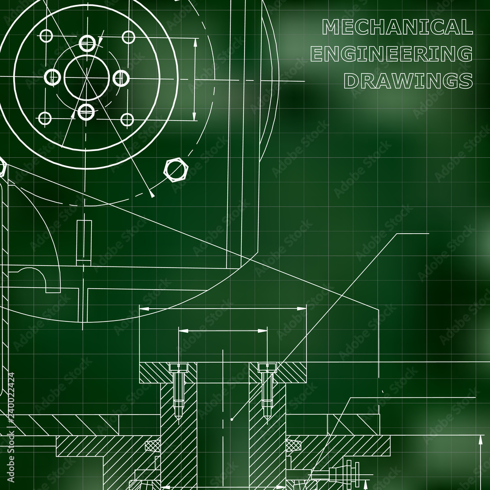 Mechanics. Technical design. Engineering style. Mechanical. Green background. Grid