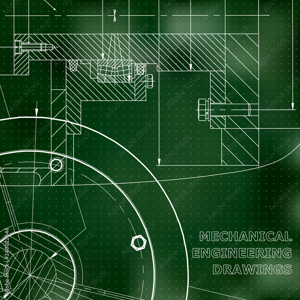 Backgrounds of engineering subjects. Technical illustration. Mechanical engineering. Technical design. Green background. Points Backgrounds of engineering subjects. Technical illustration. Mechanical engineering. Technical design. Green background. Points
