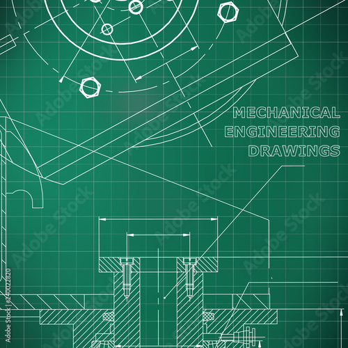 Mechanics. Technical design. Engineering style. Mechanical instrument making. Light green background. Grid