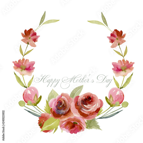 Wreath  frame border with watercolor burgundy roses  hand painted on a white background  Mother s Day card design