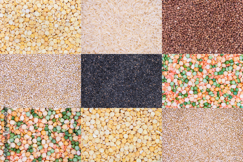 Mix Of Different Cereals In Mosaic: Yellow Peas, Green Peas, Red Lentils, Black Sesame, White Rice, Long-grain Rice, Quinoa, Split Peas, Buckwheat, Brown Buckwheat. Mix Of Cereals Background, Texture.