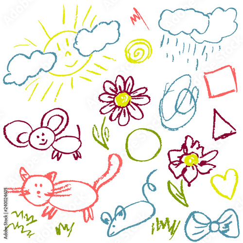 Children s drawings. Elements for the design of postcards  backgrounds  packaging. Prints for clothes. Drawing of wax crayons on a white background. Cat  mouse  sun  rain  flowers