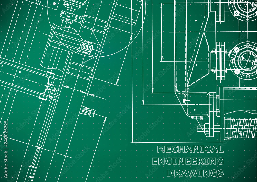 Blueprint. Vector engineering illustration. Computer aided design systems. Instrument-making drawings. Mechanical engineering drawing. Technical illustrations. Light green background. Points