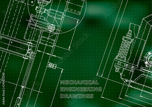 Blueprint, Sketch. Vector engineering illustration. Cover, flyer, banner, background. Instrument-making drawings. Mechanical engineering drawing. Technical illustration. Green background. Points