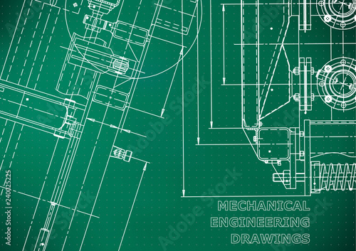 Blueprint. Vector engineering illustration. Computer aided design systems. Instrument-making drawings. Mechanical engineering drawing. Technical illustrations. Light green background. Points