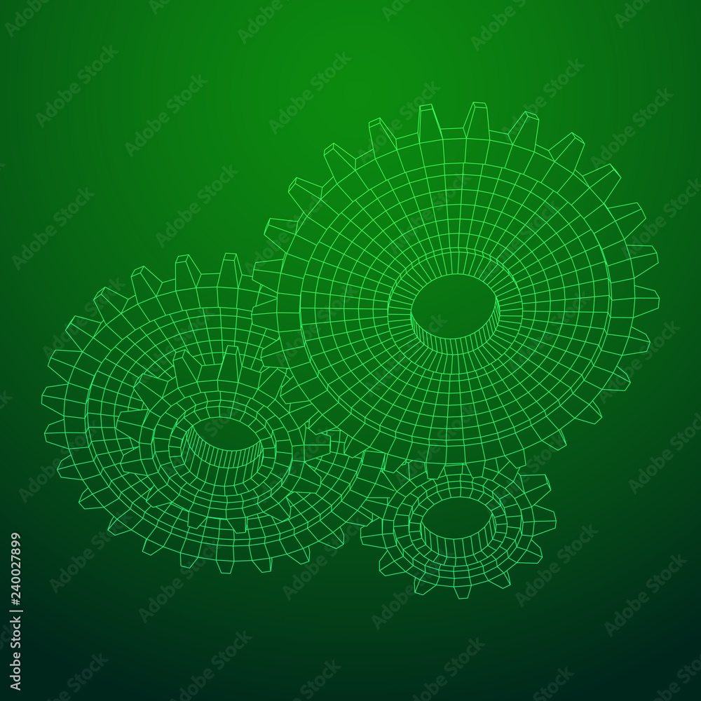 Obraz premium Gears. Mechanical technology machine engineering symbol. Industry development, engine work, business solution concept. Wireframe low poly mesh vector illustration
