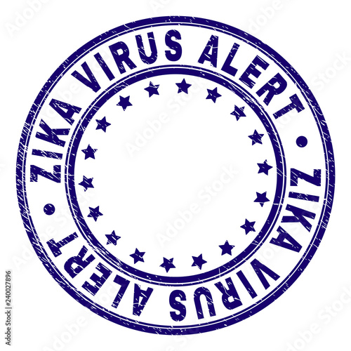 ZIKA VIRUS ALERT stamp seal watermark with grunge texture. Designed with circles and stars. Blue vector rubber print of ZIKA VIRUS ALERT tag with scratched texture.