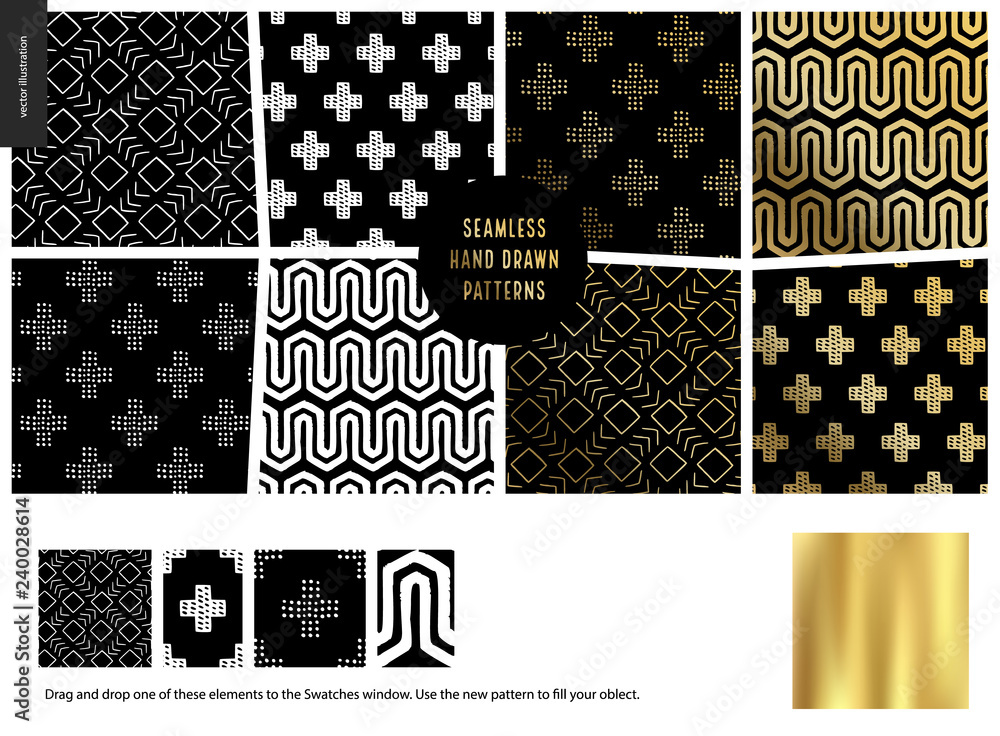 Hand drawn Patterns - a group set of eight abstract seamless patterns - black, gold and white. Geometrical lines and shapes. - black Hand drawn Patterns - a group set of eight abstract seamless patterns - black, gold and white. Geometrical lines and shapes. - black