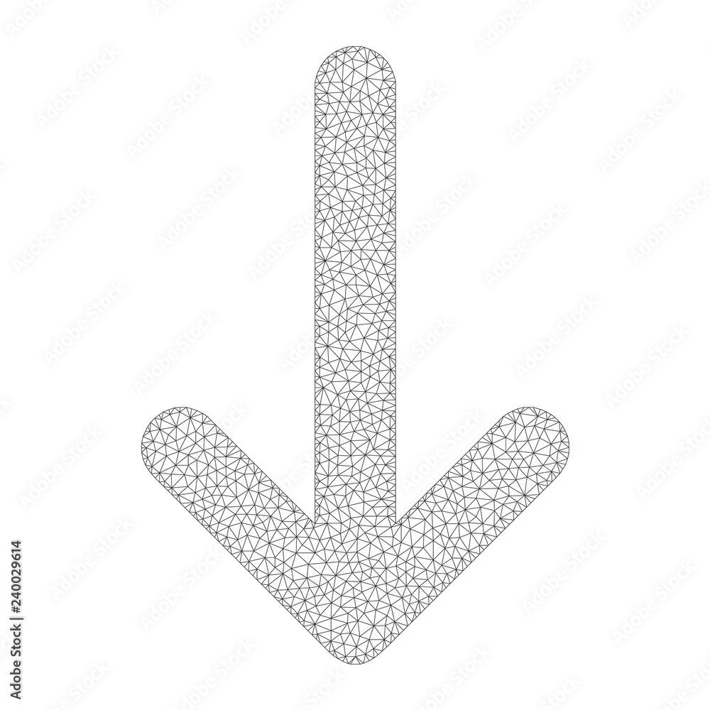 Mesh vector arrow down icon on a white background. Polygonal wireframe grey arrow down image in lowpoly style with connected triangles, points and lines. Mesh vector arrow down icon on a white background. Polygonal wireframe grey arrow down image in lowpoly style with connected triangles, points and lines.