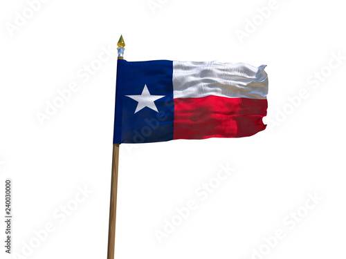 Texas flag USA flag Isolated Silk waving flag made transparent fabric of Texas US state with wooden flagpole gold spear on white background isolate real foto 3d illustration