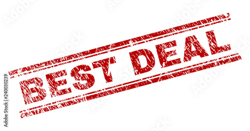 BEST DEAL seal print with grunge texture. Red vector rubber print of BEST DEAL tag with grunge texture. Text label is placed between double parallel lines.