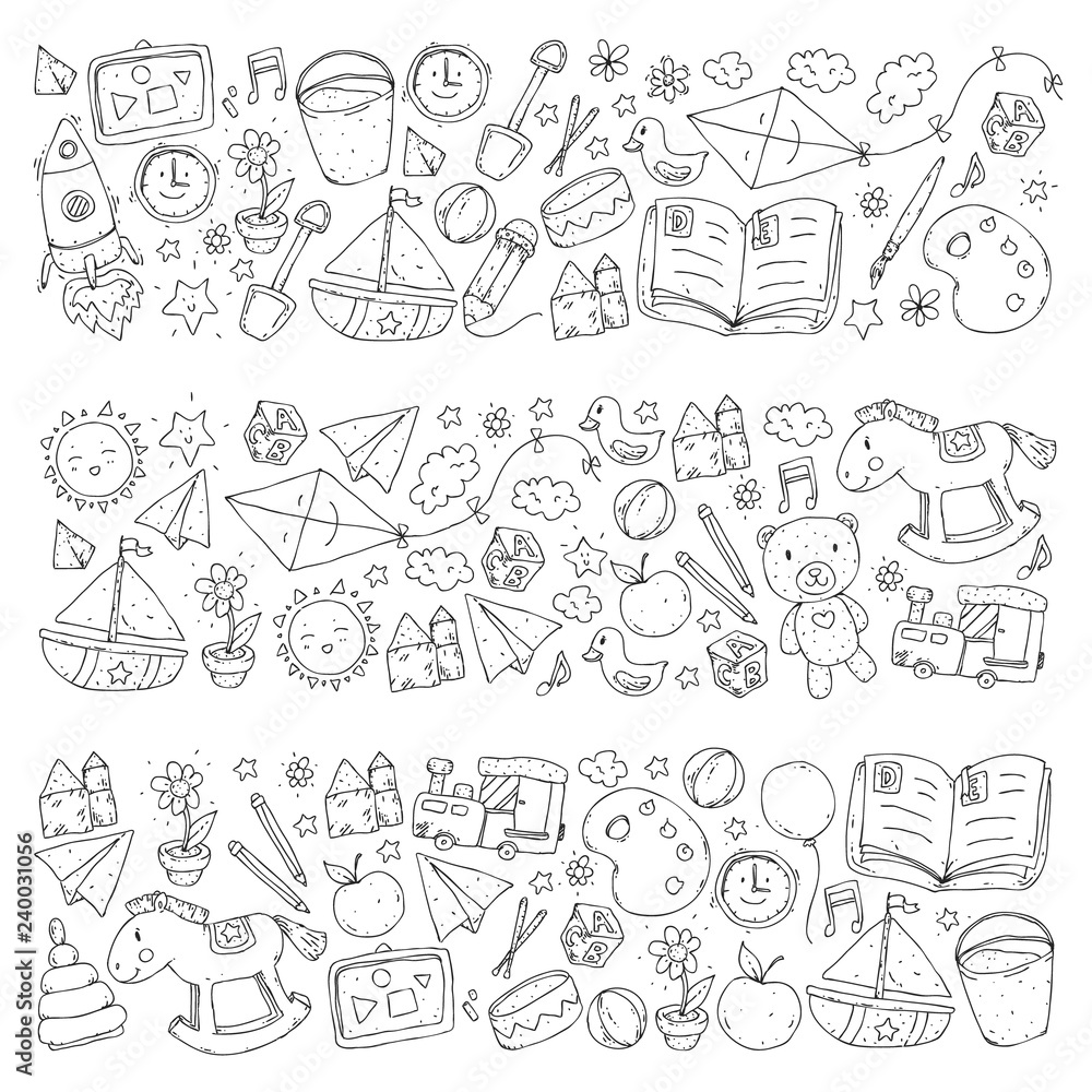 Kindergarten Vector seamless pattern with toys and items for education.