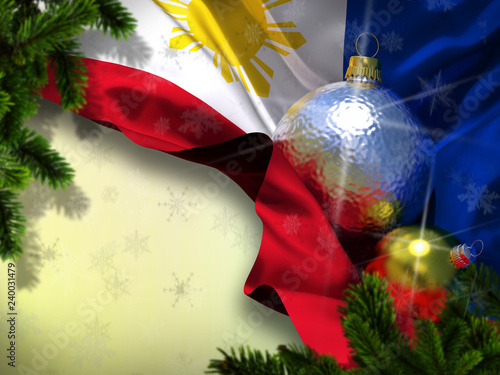 Philippines flag Happy New Year  Merry Christmas celebrate holiday mood Silk fabric with christmas tree toy ball inside winter green stripes background with fall snowflakes Gold Silver toys 3d render