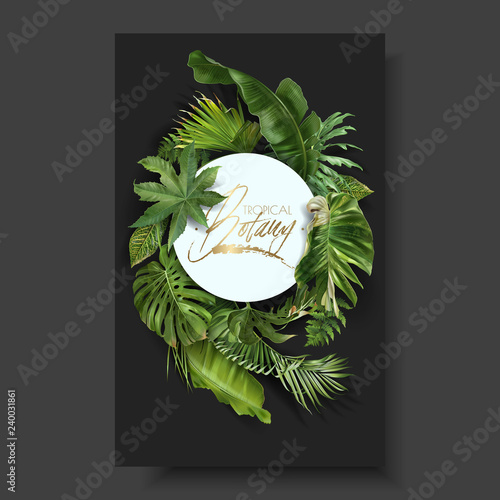 Vector round banner with green tropical leaves
