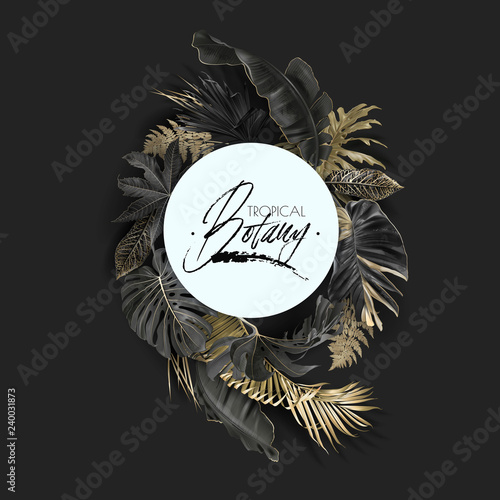 Vector round banner with gold tropical leaves