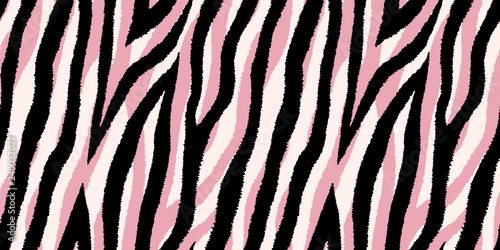 Seamless pattern with pastel pink and black zebra stripes. Vector wallpaper.