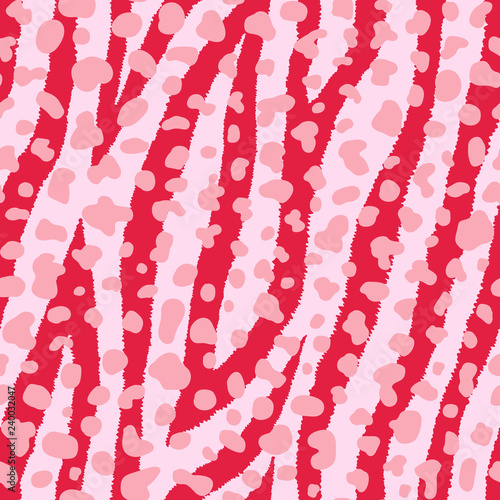 Seamless pattern with colorful zebra fur print. Vector illustration. Exotic wild animalistic texture. Red and pale pink stripes and spots wallpaper.