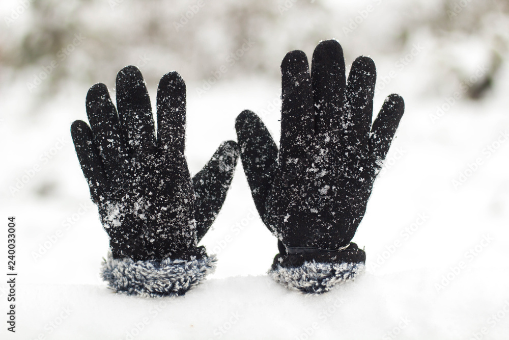 Women's gloves in snowy weather close up Women's gloves in snowy weather close up