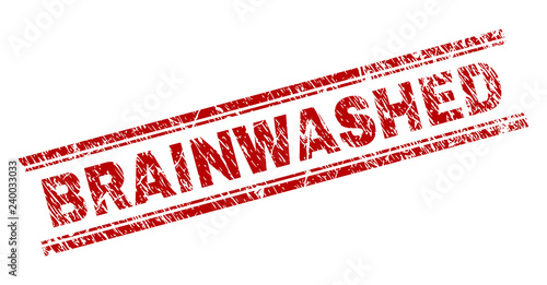 BRAINWASHED seal stamp with corroded texture. Red vector rubber print of BRAINWASHED tag with corroded texture. Text title is placed between double parallel lines.