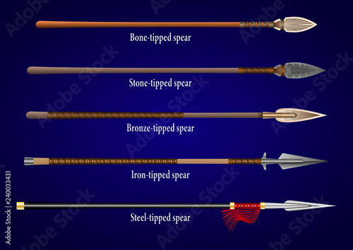 realistic set of historical fighting spears: bone, stone, bronze, iron, steel.