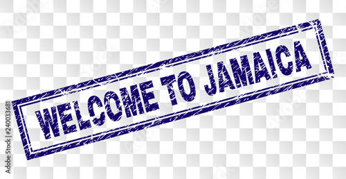 WELCOME TO JAMAICA stamp seal imprint with rubber print style and double framed rectangle shape. Stamp is placed on a transparent background.