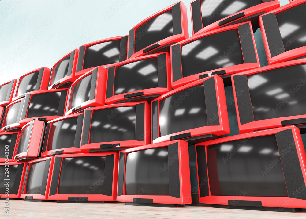 Pile of old retro TVs. Lot of red vintage television reseivers. 3d  illustration ilustración de Stock | Adobe Stock
