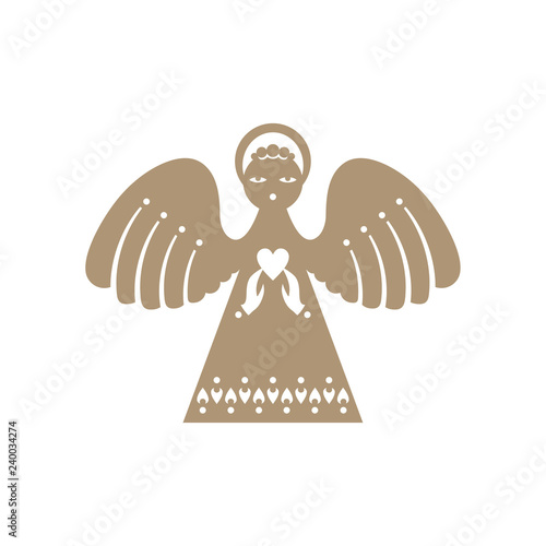 Decor Angel. Paper angel is a simple form for cutting. Angel of plywood. Symmetrical static silhouette can be used for different designs. Christmas angel with a heart.
