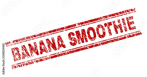 BANANA SMOOTHIE seal print with corroded effect. Red vector rubber print of BANANA SMOOTHIE tag with corroded texture. Text caption is placed between double parallel lines.