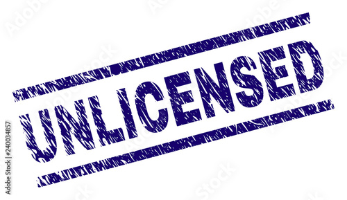 UNLICENSED seal print with distress style. Blue vector rubber print of UNLICENSED caption with corroded texture. Text caption is placed between parallel lines.