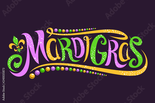 Vector lettering for Mardi Gras carnival, filigree calligraphic font with traditional symbol of mardi gras - fleur de lis, elegant fancy logo with greeting slogan, twirls and dots on dark background. photo