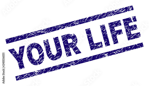YOUR LIFE seal print with grunge style. Blue vector rubber print of YOUR LIFE title with unclean texture. Text title is placed between parallel lines.