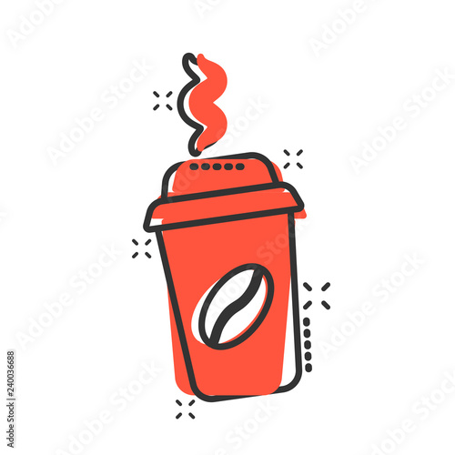 Coffee, tea cup icon in comic style. Coffee mug vector cartoon illustration pictogram. Drink business concept splash effect.