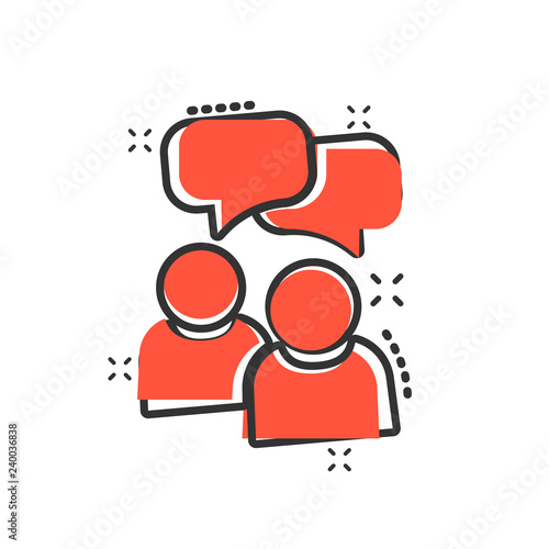 People with speech bubble icon in comic style. Business agreement vector cartoon illustration pictogram. Partnership talk business concept splash effect.