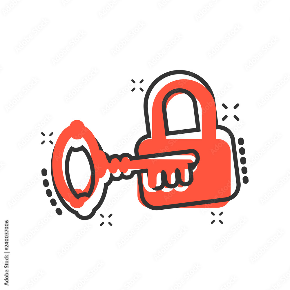 Key with padlock icon in comic style. Access login vector cartoon illustration pictogram. Lock keyhole business concept splash effect. Key with padlock icon in comic style. Access login vector cartoon illustration pictogram. Lock keyhole business concept splash effect.