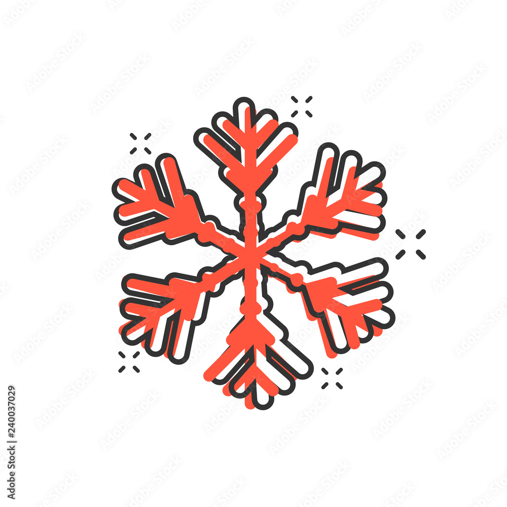 Fototapeta premium Snowflake icon in comic style. Snow flake winter vector cartoon illustration pictogram. Christmas snowfall ornament business concept splash effect.