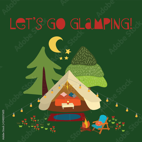 Vector illustration Lets go glamping - summer camping scene. Boho teepee tent. Camp night scene with campfire, chairs, trees, moon. Forest adventure. For cards, poster, advertisement, decor, vacation
