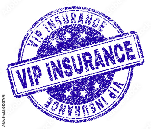 VIP INSURANCE stamp seal imprint with grunge texture. Designed with rounded rectangles and circles. Blue vector rubber print of VIP INSURANCE text with grunge texture.
