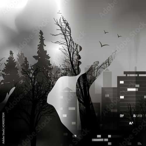 The transition from the forest to the city with the silhouette of a girl. Capture the city of wildlife. Ink effect. Double exposure on environmental issues
