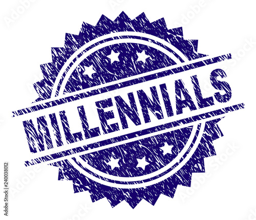 MILLENNIALS stamp seal watermark with distress style. Blue vector rubber print of MILLENNIALS caption with grunge texture.