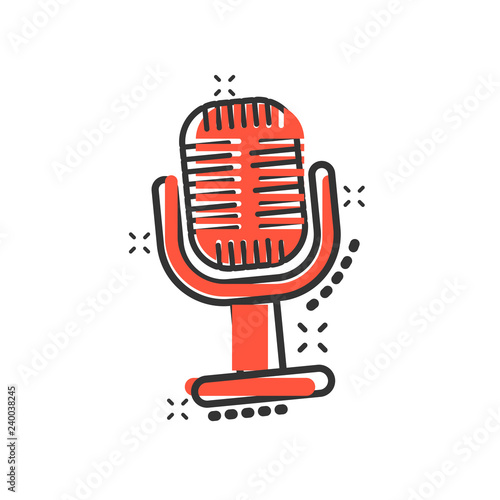 Microphone icon in comic style. Mic broadcast vector cartoon illustration pictogram. Microphone mike speech business concept splash effect.