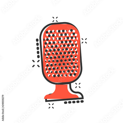 Microphone icon in comic style. Mic broadcast vector cartoon illustration pictogram. Microphone mike speech business concept splash effect.