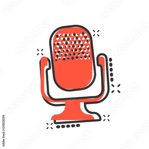 Microphone icon in comic style. Mic broadcast vector cartoon illustration pictogram. Microphone mike speech business concept splash effect.