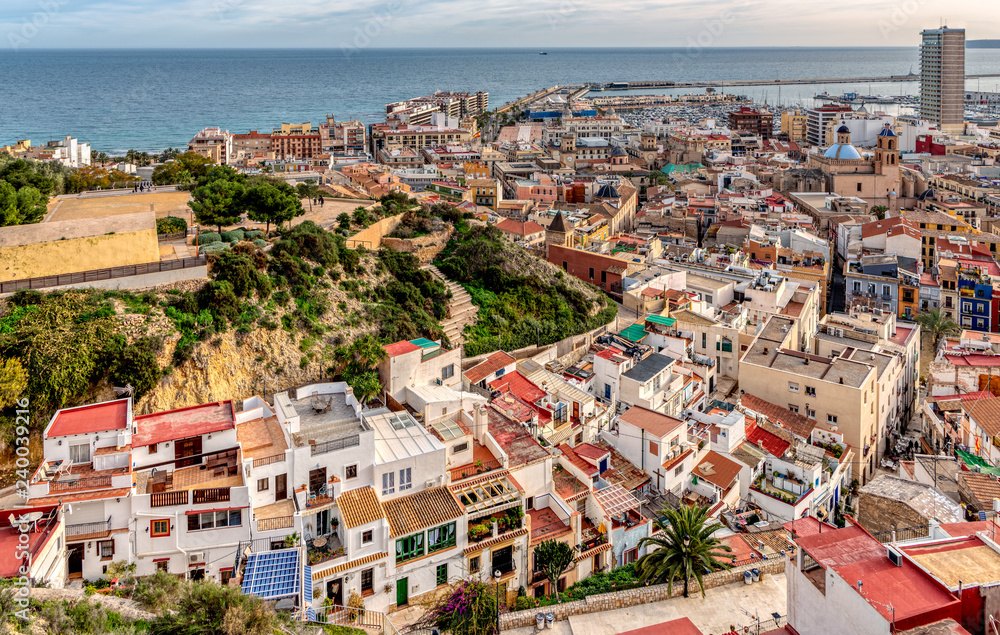 High angle view of historic Santa Cruz neighborhood and the city