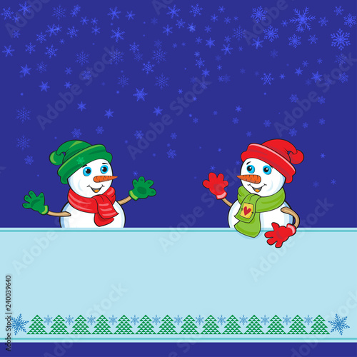 Two snowmen keeping a banner with copy place. For winter, Christmas and New year cards or advertisements. 
