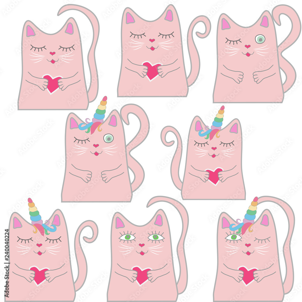 Big set funny pink cat unicorn. Concept of miracles and magic Big set funny pink cat unicorn. Concept of miracles and magic