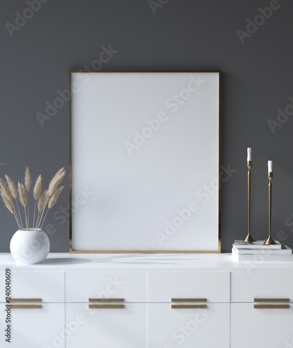 Mockup poster frame in dark living room interior background, 3d render
