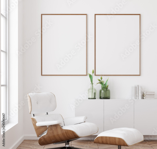 Mockup poster frame in white living room interior background, Scandinavian style, 3d render